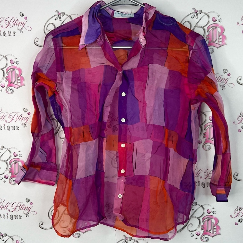 PINK woman color block top vintage squares button up Purple and Pink Blouse